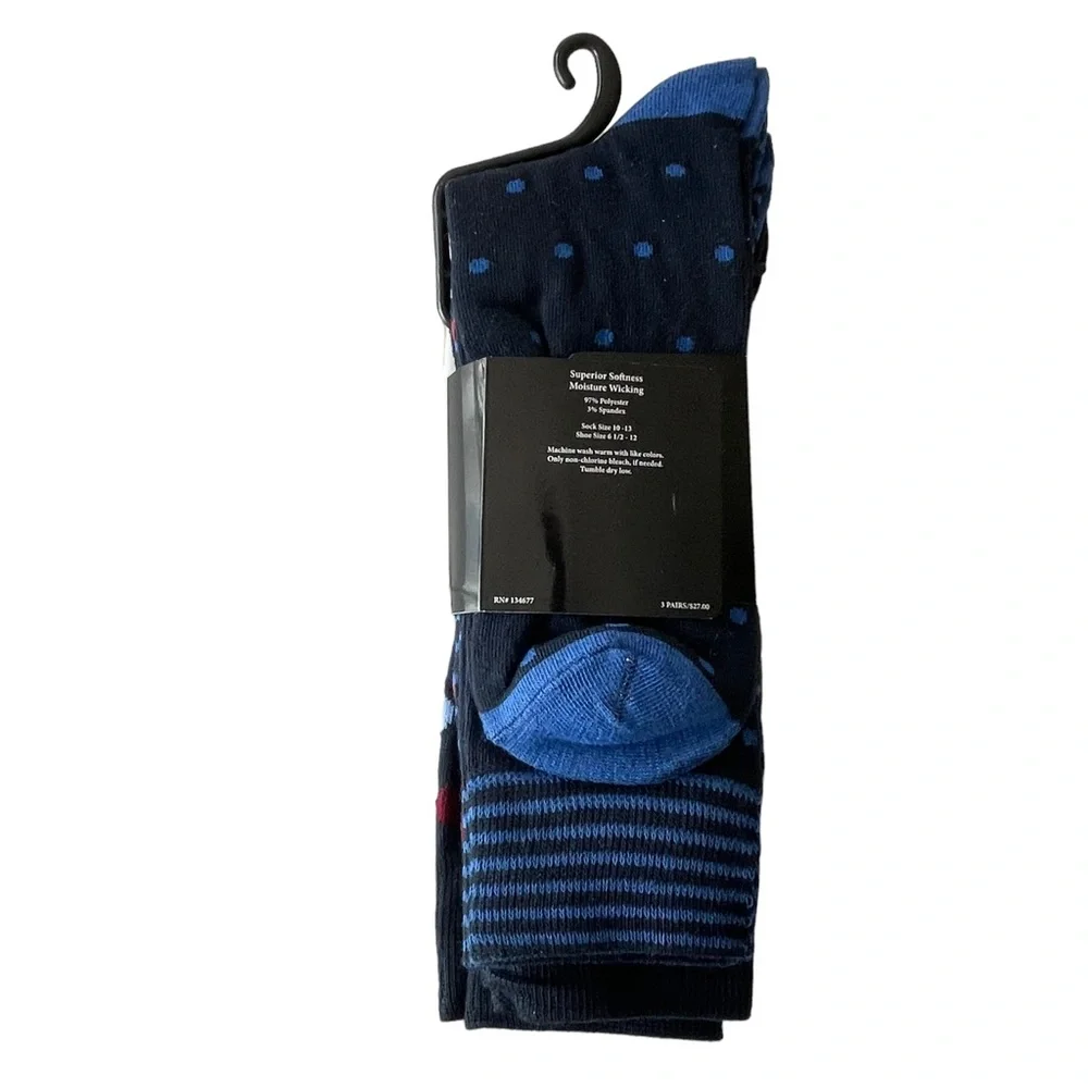 Men's ADOLFO Couture Dress Socks Blue Colorful Dots Stripes 3 Pairs Size 10-13